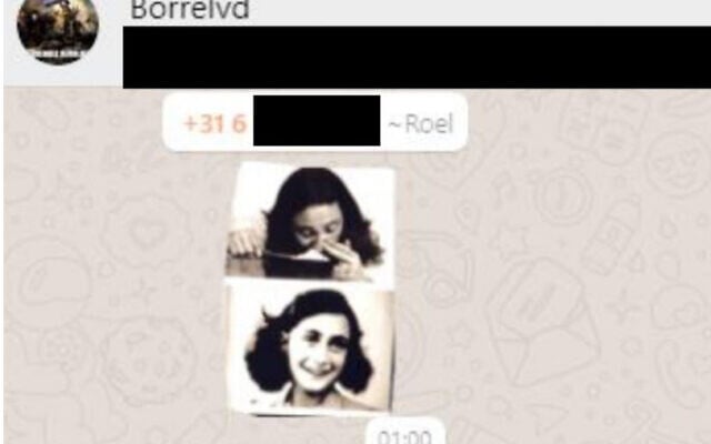 A screenshot of the meme of Anne Frank shared on the WhatsApp group of the young supporters of the Forum for Democracy party in the Netherlands. (HPDeTijd via JTA) A screenshot of the meme of Anne Frank shared on the WhatsApp group of the young supporters of the Forum for Democracy party in the Netherlands. (HPDeTijd via JTA)