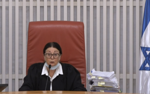 Screen capture from video of Supreme Court President Justice Esther Hayut during a pilot to broadcast court sessions live, April 16, 2020. (Supreme Court) Screen capture from video of Supreme Court President Justice Esther Hayut during a pilot to broadcast court sessions live, April 16, 2020. (Supreme Court)