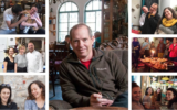 Tmol Shilshom David Ehrlich, center, who died suddenly on March 23, 2020, with photos of friends and customers from his cafe (Tmol Shilshom crowdfunding project)