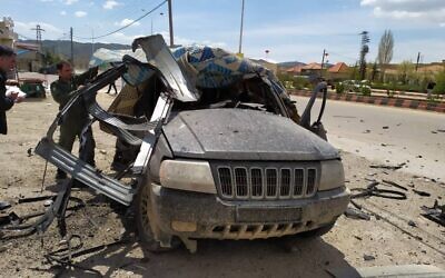 A vehicle allegedly used by Hezbollah to transfer arms that was targeted in an airstrike attributed to Israel near the Lebanon border in Syria on April 15, 2020. (Social media)