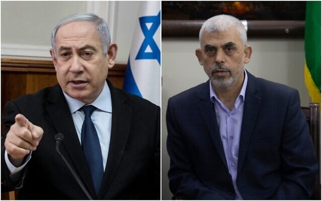 Left, Prime Minister Benjamin Netanyahu chairs the weekly cabinet meeting at the Prime Minister's office in Jerusalem on December 22, 2019. (AP/Tsafrir Abayov, Pool). Hamas leader Yahya Sinwar meets with the head of the Central Elections Commission, Hanna Nasser, in Gaza City on October 28, 2019. (AP/Khalil Hamra) Left, Prime Minister Benjamin Netanyahu chairs the weekly cabinet meeting at the Prime Minister's office in Jerusalem on December 22, 2019. (AP/Tsafrir Abayov, Pool). Hamas leader Yahya Sinwar meets with the head of the Central Elections Commission, Hanna Nasser, in Gaza City on October 28, 2019. (AP/Khalil Hamra)
