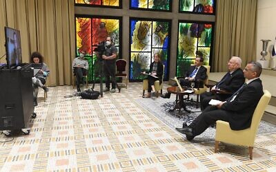 President Reuven Rivlin (second from right) holds a pre-Passover video conference with world Jewish leaders on April 5, 2020 (Mark Neyman / GPO)
