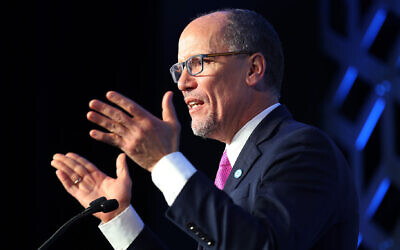 Democratic National Committee Chairman Tom Perez speaks in North Carolina before Super Tuesday, February 29, 2020. (Joe Raedle/Getty Images via JTA)