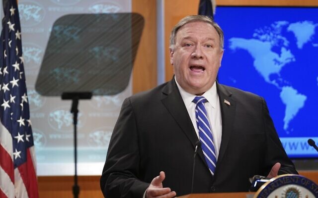 US Secretary of State Mike Pompeo speaks to reporters during a media briefing at the State Department in Washington, DC, May 6, 2020. (KEVIN LAMARQUE/POOL/AFP) US Secretary of State Mike Pompeo speaks to reporters during a media briefing at the State Department in Washington, DC, May 6, 2020. (KEVIN LAMARQUE/POOL/AFP)