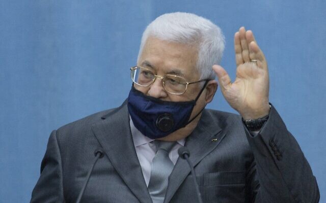 Palestinian Authority President Mahmoud Abbas at his headquarters in the West Bank city of Ramallah on May 7, 2020. (Nasser Nasser/Pool/AFP) Palestinian Authority President Mahmoud Abbas at his headquarters in the West Bank city of Ramallah on May 7, 2020. (Nasser Nasser/Pool/AFP)