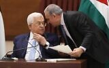 Palestinian Authority President Mahmoud Abbas (L) and PA Prime Minister Mohammad Shtayyeh at a meeting of the Palestinian leadership in the West Bank city of Ramallah, May 19, 2020. (Alaa Badarneh/Pool/AFP)