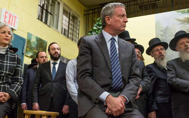 New York City Mayor Bill de Blasio attends a press conference after meeting with Satmar Jewish community leaders to denounce the hate crime attack in Jersey City, December 12, 2019 in the Williamsburg neighborhood of Brooklyn, New York. (Andrew Lichtenstein/Corbis via Getty Images) New York City Mayor Bill de Blasio attends a press conference after meeting with Satmar Jewish community leaders to denounce the hate crime attack in Jersey City, December 12, 2019 in the Williamsburg neighborhood of Brooklyn, New York. (Andrew Lichtenstein/Corbis via Getty Images)