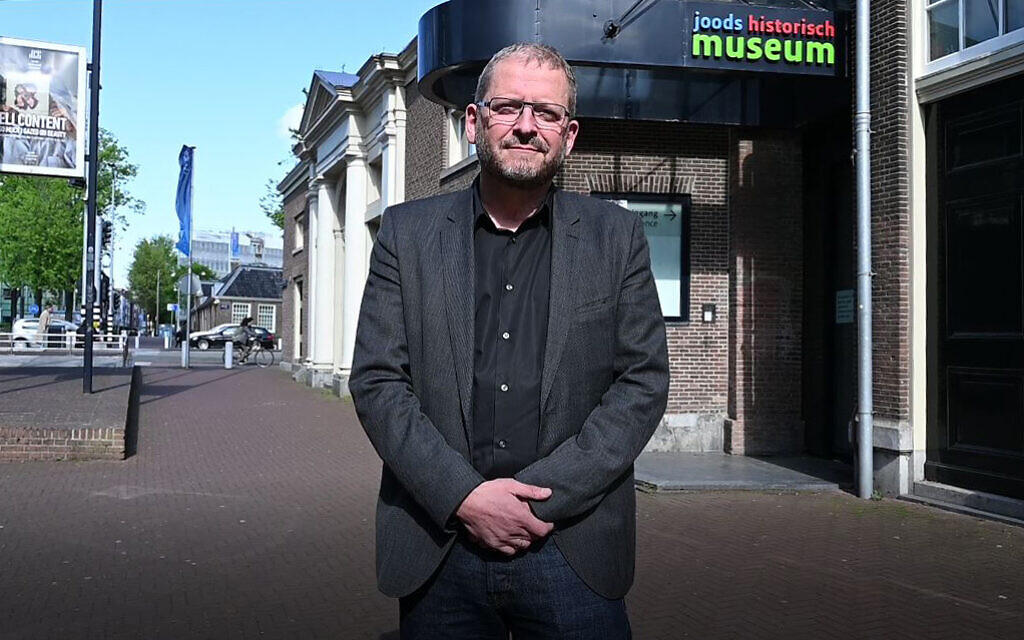 Emile Schrijver, director of the Jewish Cultural Quarter, stands in the area located in the center of Amsterdam, May 4, 2020. (Cnaan Liphshiz/JTA)