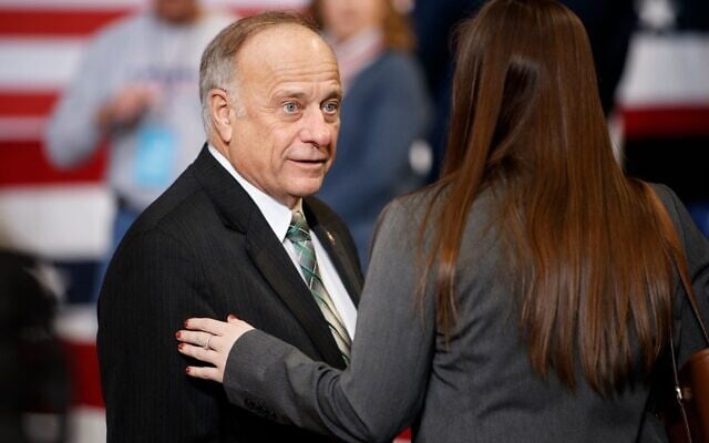 US Rep. Steve King of Iowa speaks to an audience member ahead of a campaign rally at Drake University in Des Moines, January 30, 2020. (Tom Brenner/Getty Images/via JTA) US Rep. Steve King of Iowa speaks to an audience member ahead of a campaign rally at Drake University in Des Moines, January 30, 2020. (Tom Brenner/Getty Images/via JTA)