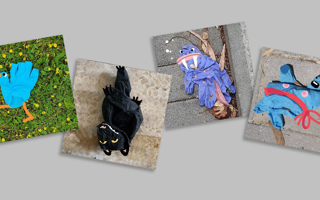 Designer Yoav Gati makes doodles out of discarded gloves. (Courtesy of Yoav Gati/ via JTA)