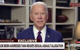 This video framegrab image from MSNBC's Morning Joe, shows Democratic presidential candidate Joe Biden speaking to co-host Mika Brzezinski, May 1, 2020. (MSNBC's Morning Joe via AP)