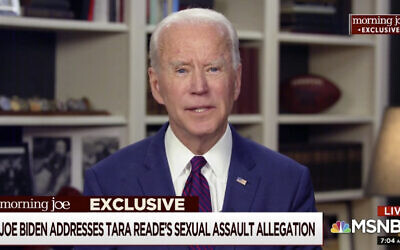 This video framegrab image from MSNBC's Morning Joe, shows Democratic presidential candidate Joe Biden speaking to co-host Mika Brzezinski, May 1, 2020. (MSNBC's Morning Joe via AP)