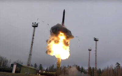 Illustrative: In this photo taken from undated footage distributed by Russian Defense Ministry Press Service, an intercontinental ballistic missile lifts off from a truck-mounted launcher somewhere in Russia. (Russian Defense Ministry Press Service via AP)
