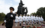 Illustrative: Kiev Cadets honor guard takes part in commemorative events at the Babi Yar ravine where Nazi troops machine-gunned tens of thousands of Jews during WWII, in Kiev, Ukraine, Thursday, Sept. 29, 2016. Ukraine commemorated the 75th anniversary of the 1941 Babi Yar massacre. (AP Photo/Sergei Chuzavkov)