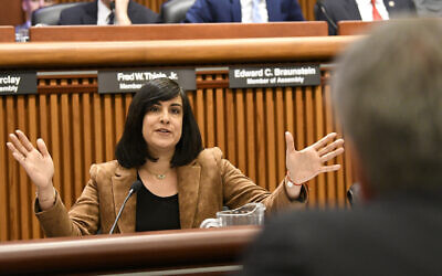 Assemblywoman Nicole Malliotakis, Republican of Staten Island, questions New York City Mayor Bill de Blasio during a joint legislative budget hearing on local government February 11, 2019, in Albany, NY (AP Photo/Hans Pennink)
