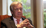 UN Secretary General Antonio Guterres speaks to The Associated Press, in Lahore, Pakistan, February 18, 2020. (K.M. Chaudhry/AP)