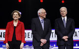 In this Feb. 25, 2020, file photo from left, Democratic presidential candidates, Sen. Elizabeth Warren, Sen. Bernie Sanders, former Vice President Joe Biden participate in a Democratic presidential primary debate in Charleston, South Carolina (AP Photo/Matt Rourke, File)