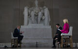 US President Donald Trump speaks during a Fox News virtual town hall from the Lincoln Memorial, Sunday, May 3, 2020, in Washington. (AP Photo/Evan Vucci)
