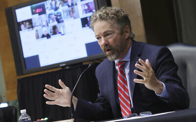 Sen. Rand Paul, Republican of Kentucky, speaks during a virtual Senate Committee for Health, Education, Labor, and Pensions hearing, Tuesday, May 12, 2020 on Capitol Hill in Washington. (Win McNamee/Pool via AP)