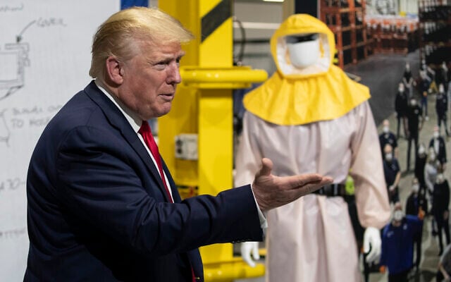 US President Donald Trump speaks as he tours Ford's Rawsonville Components Plant that has been converted to making personal protection and medical equipment, Thursday, May 21, 2020, in Ypsilanti, Mich. (AP/Alex Brandon) US President Donald Trump speaks as he tours Ford's Rawsonville Components Plant that has been converted to making personal protection and medical equipment, Thursday, May 21, 2020, in Ypsilanti, Mich. (AP/Alex Brandon)