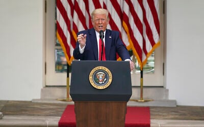 US President Donald Trump answers questions from reporters during an event on protecting seniors with diabetes in the Rose Garden White House, May 26, 2020, in Washington. (AP Photo/Evan Vucci)