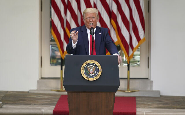 US President Donald Trump answers questions from reporters during an event on protecting seniors with diabetes in the Rose Garden White House, May 26, 2020, in Washington. (AP Photo/Evan Vucci) US President Donald Trump answers questions from reporters during an event on protecting seniors with diabetes in the Rose Garden White House, May 26, 2020, in Washington. (AP Photo/Evan Vucci)