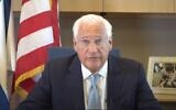 US Ambassador to Israel David Friedman speaks at a Haaretz conference on May 27, 2020. (Screen capture/YouTube)