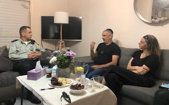 IDF chief of staff Aviv Kohavi (L) visiting the parents of soldier Amit Ben Ygal who was killed by a rock thrown by a Palestinian during a West Bank operation, May 28, 2020. (Israel Defense Forces) IDF chief of staff Aviv Kohavi (L) visiting the parents of soldier Amit Ben Ygal who was killed by a rock thrown by a Palestinian during a West Bank operation, May 28, 2020. (Israel Defense Forces)