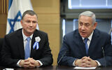 Prime Minister Benjamin Netanyahu, right, with then-Knesset speaker Yuli Edelstein, at the Likud party faction meeting at the Knesset, April 30, 2019. (Noam Revkin Fenton/Flash90)