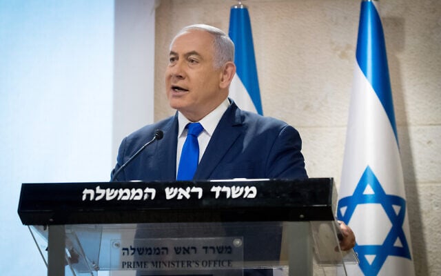 Prime Minister Benjamin Netanyahu delivers a statement to the press regarding the Iranian nuclear program, at the Ministry of Foreign Affairs in Jerusalem on September 9, 2019. (Yonatan Sindel/Flash90)