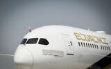 An El Al Boeing 787 Dreamliner taxis to a welcome ceremony after landing at Ben Gurion Airport, September 19, 2019.  (Flash90)