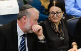 Israeli attorney General Avichai Mandelblit, left, with president of Supreme Court Esther Hayut, at Bar Ilan University on March 4, 2020. (Flash90)
