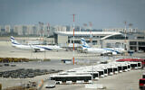 El Al planes at the Ben Gurion International Airport, April 12, 2020. (Flash90)