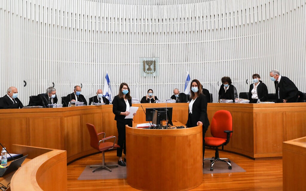 Eleven justices of the High Court of Justice attend a hearing at the Supreme Court in Jerusalem, on May 3, 2020. (Yossi Zamir/Pool)
