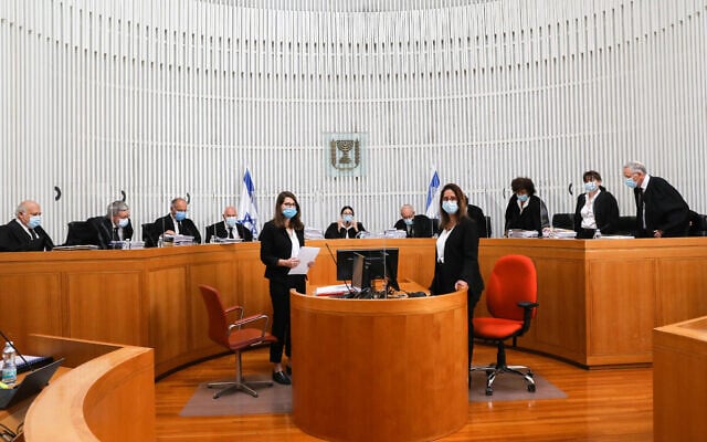 Eleven justices of the High Court of Justice attend a hearing at the Supreme Court in Jerusalem, on May 3, 2020. (Yossi Zamir/Pool)