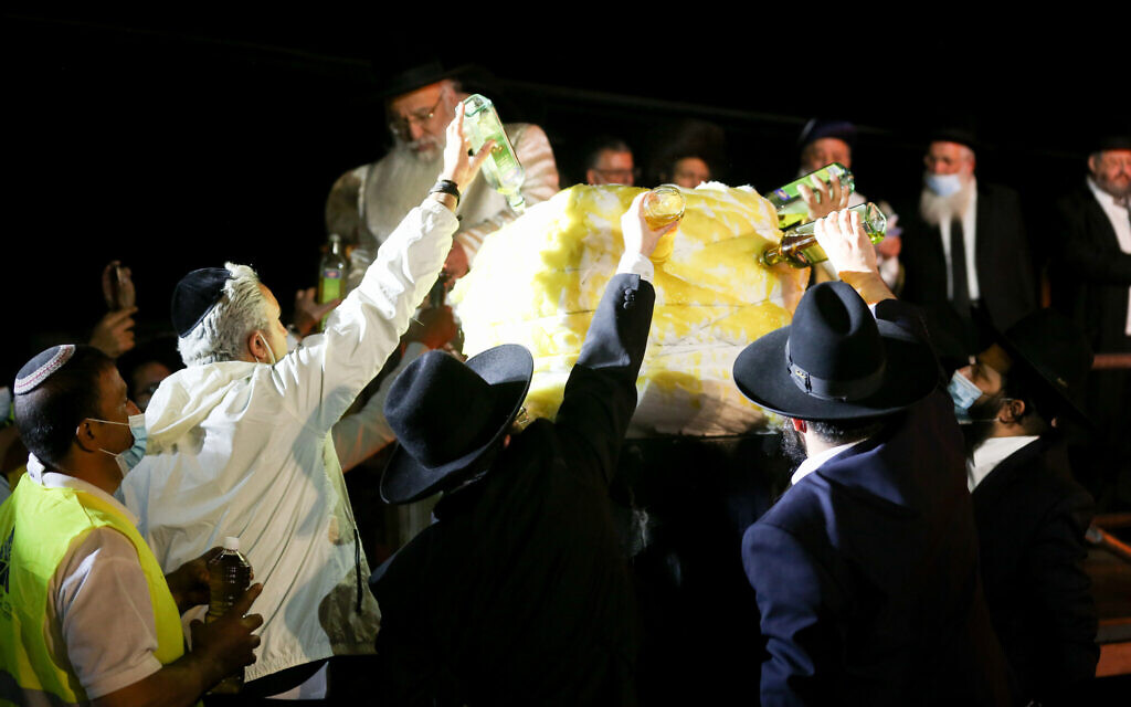 Celebrations of the Jewish holiday of Lag B'Omer on Mount Meron in northern Israel on May 11, 2020. (David Cohen/Flash90)