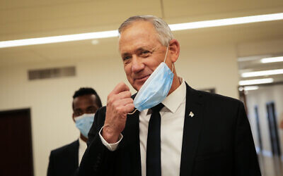 Blue and White party leader Benny Gantz after the presentation of the 35th government of Israel at the Knesset, May 17, 2020. (Alex Kolomoisky/POOL)