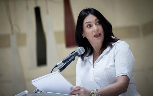 Newly appointed minister of Transportation Miri Regev speaks at the ministry building in Jerusalem on May 18, 2020. (Yonatan Sindel/Flash90) Newly appointed minister of Transportation Miri Regev speaks at the ministry building in Jerusalem on May 18, 2020. (Yonatan Sindel/Flash90)