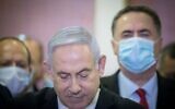 Prime Minister Benjamin Netanyahu  gives a press statement ahead of the start of his trial at the District Court in Jerusalem on May 24, 2020.(Yonatan Sindel/Flash90)