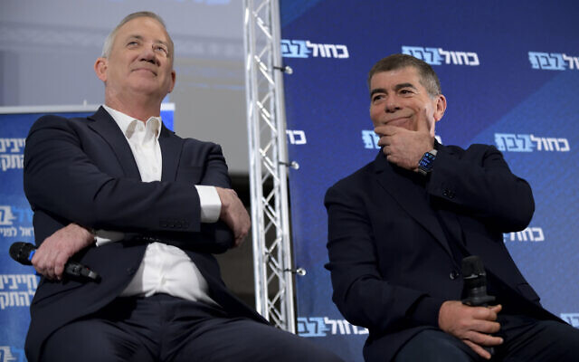 Benny Gantz, head of Blue and White party, and MK Gabi Ashkenazi at an election campaign event in Kfar Saba, on Feb 12, 2020. (Gili Yaari/Flash90) Benny Gantz, head of Blue and White party, and MK Gabi Ashkenazi at an election campaign event in Kfar Saba, on Feb 12, 2020. (Gili Yaari/Flash90)