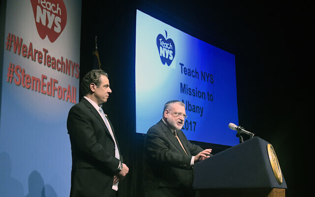 Allen Fagin, CEO of the Orthodox Union, introduces New York Gov. Andrew Cuomo on March 1, 2017, in Albany, N.Y. (Orthodox Union Photo/Hans Pennink via JTA) Allen Fagin, CEO of the Orthodox Union, introduces New York Gov. Andrew Cuomo on March 1, 2017, in Albany, N.Y. (Orthodox Union Photo/Hans Pennink via JTA)