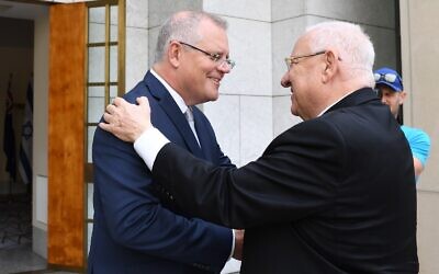 President Reuven Rivlin (right) meets with Australian Prime Minister Scott Morrison in Canberra, Australia, February 26, 2020. (Koby Gideon/GPO)