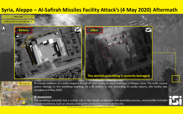 Satellite images purporting to show the damage to a missile factory outside Aleppo, Syria caused by airstrikes attributed to Israel on May 4, which were released on May 7, 2020. (ImageSat International) Satellite images purporting to show the damage to a missile factory outside Aleppo, Syria caused by airstrikes attributed to Israel on May 4, which were released on May 7, 2020. (ImageSat International)