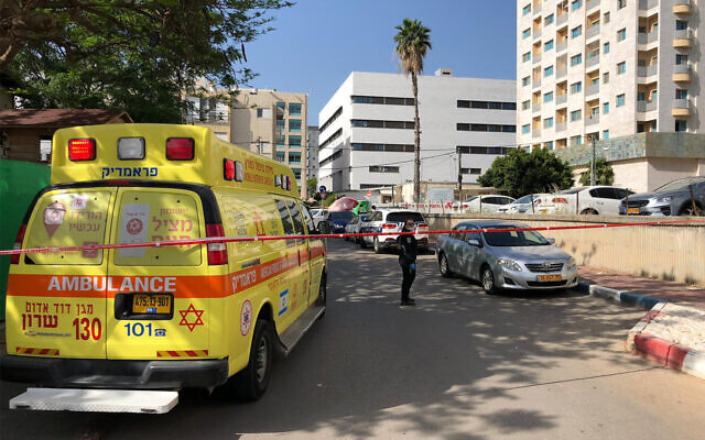 The street in Hadera where a man was declared dead after being found unconscious in a car amid a heat wave, May 18, 2020. (Magen David Adom) The street in Hadera where a man was declared dead after being found unconscious in a car amid a heat wave, May 18, 2020. (Magen David Adom)