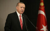 Turkish President Recep Tayyip Erdogan talks during a televised address to the nation in Istanbul, on May 11, 2020. (Presidential Press Service via AP, Pool)