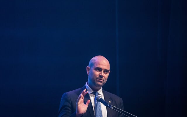Justice Minister Amir Ohana speaks at a ceremony at the International Convention Center in Jerusalem, February 3, 2020. (Olivier Fitoussi/Flash90) Justice Minister Amir Ohana speaks at a ceremony at the International Convention Center in Jerusalem, February 3, 2020. (Olivier Fitoussi/Flash90)