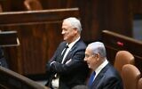 Blue and White chairman Benny Gantz (L) and Prime Minister Benjamin Netanyahu in the Knesset plenum on May 17, 2020. (Knesset)