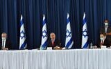 (From L-R) Defense Minister Benny Gantz, Prime Minister Benjamin Netanyahu and cabinet secretary Tzachi Braverman during a cabinet meeting at the Foreign Ministry on May 31, 2020. (Haim Zach/PMO)