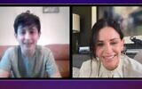 Naftali Arden  (L) speaks with "Friends" star Courteney Cox after his "Friends" themed virtual Bar Mitzvah (screencapture/YouTube)