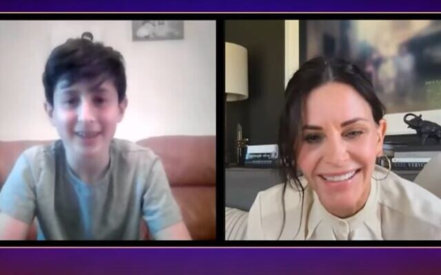 Naftali Arden (L) speaks with "Friends" star Courteney Cox after his "Friends" themed virtual Bar Mitzvah (screencapture/YouTube) Naftali Arden (L) speaks with "Friends" star Courteney Cox after his "Friends" themed virtual Bar Mitzvah (screencapture/YouTube)